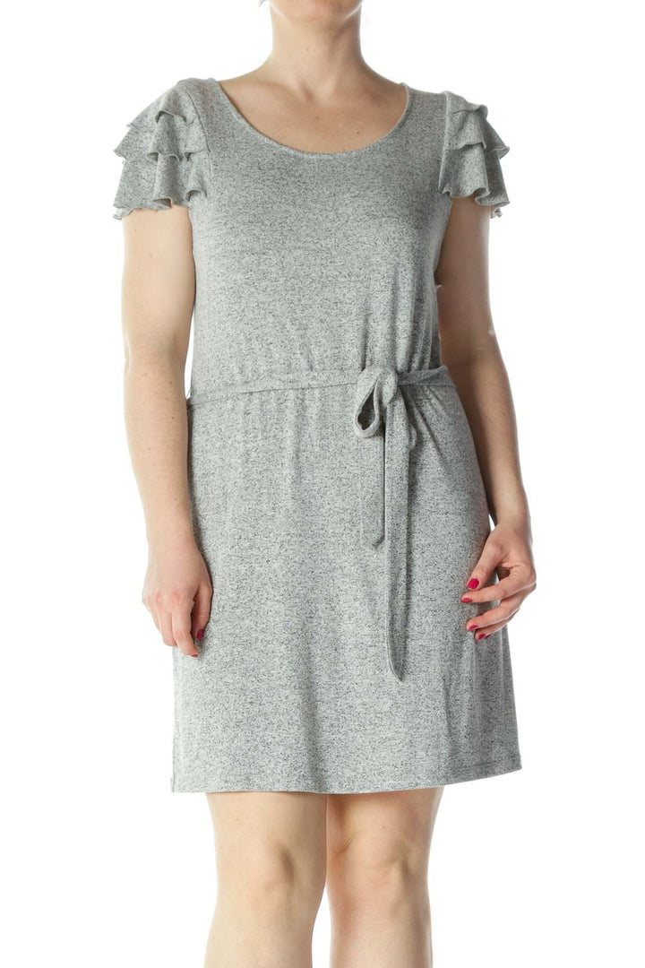 Gray Flared-Cap-Sleeves Belted Textured Dress