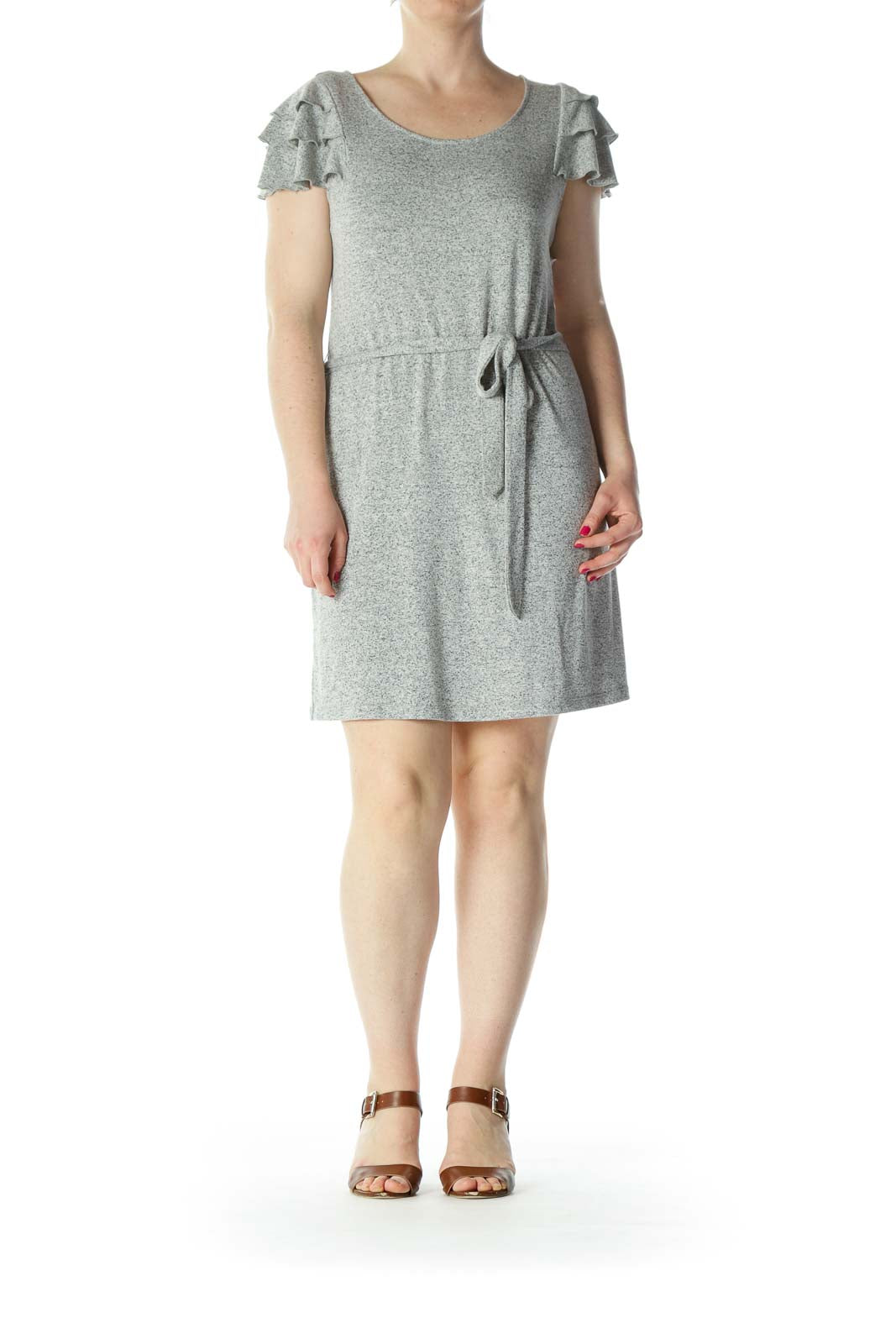 Gray Flared-Cap-Sleeves Belted Textured Dress