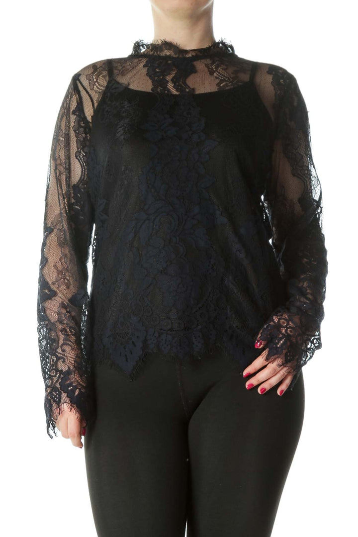 Black Navy Lace Blouse Top