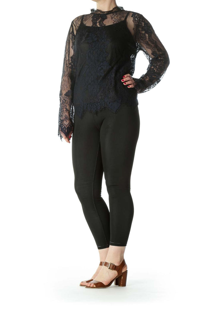 Black Navy Lace Blouse Top