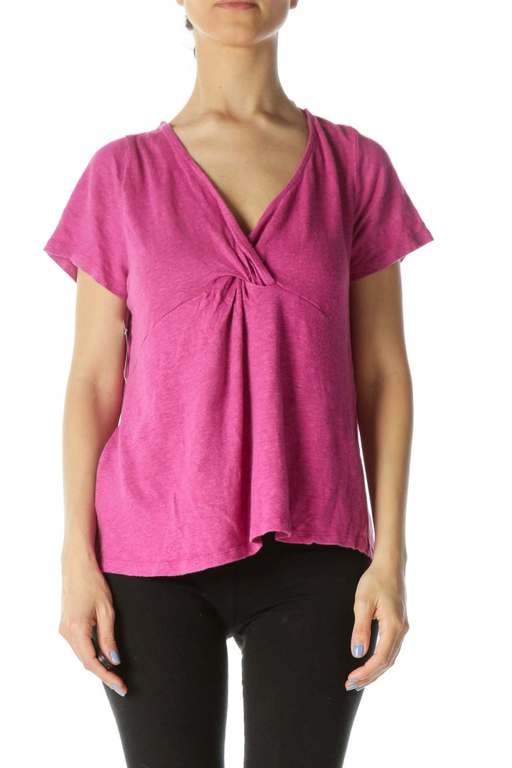 Magenta Pink 100% Linen Short-Sleeve Knot Detail Knit Top