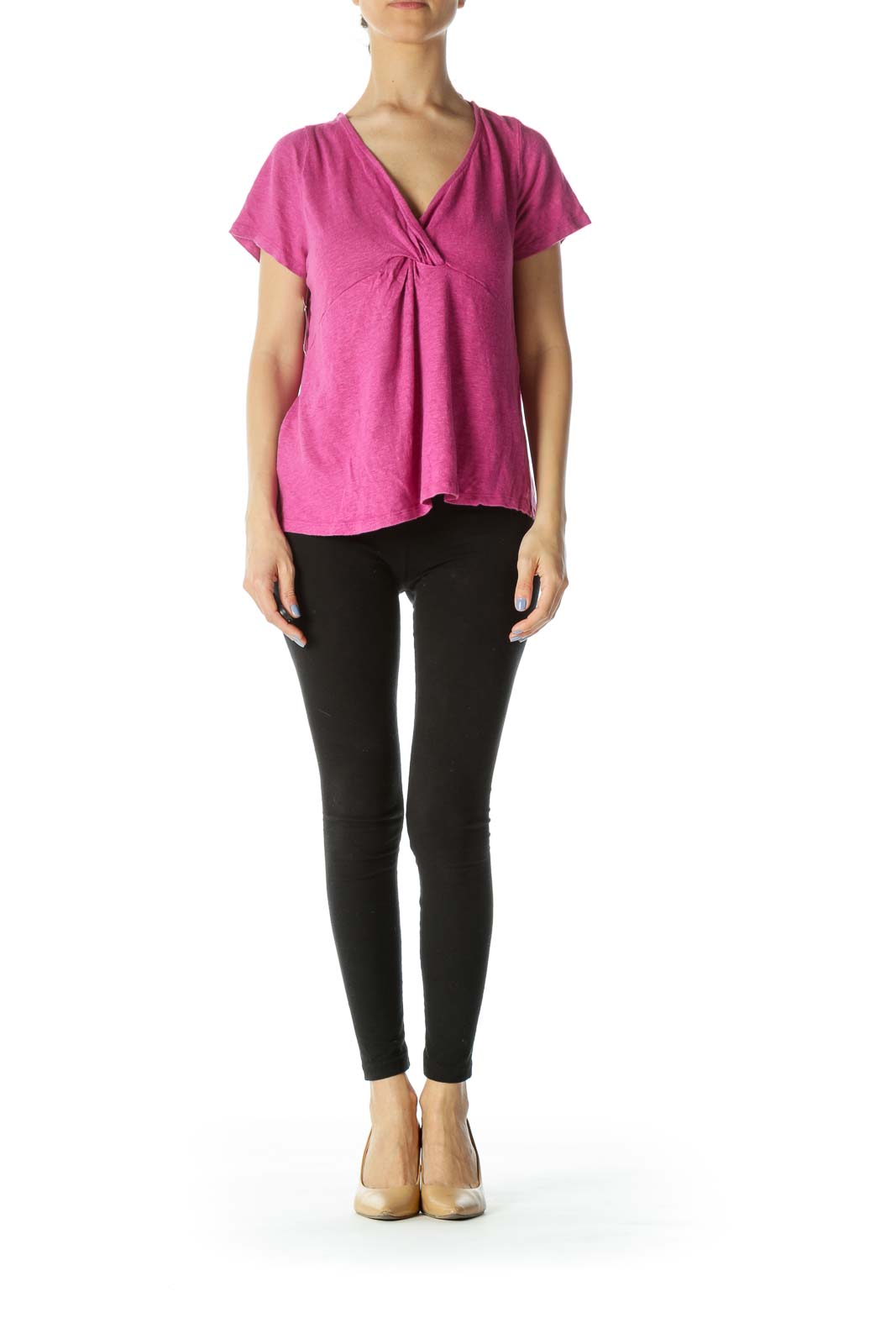 Magenta Pink 100% Linen Short-Sleeve Knot Detail Knit Top