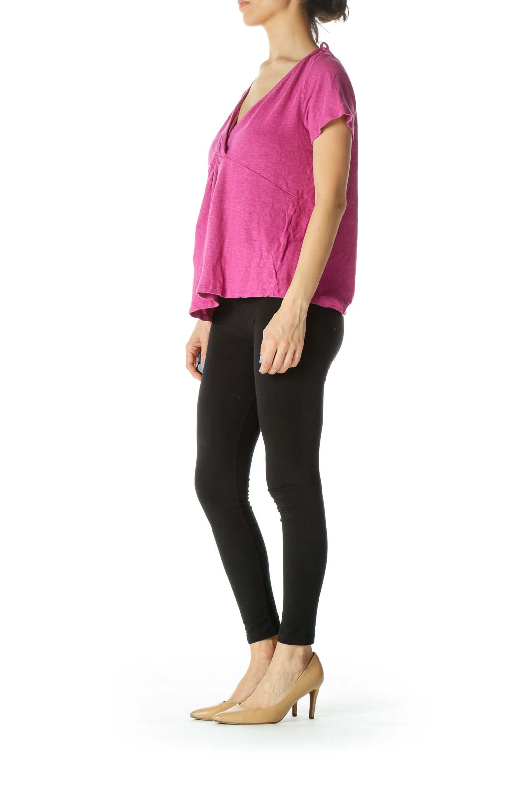 Magenta Pink 100% Linen Short-Sleeve Knot Detail Knit Top