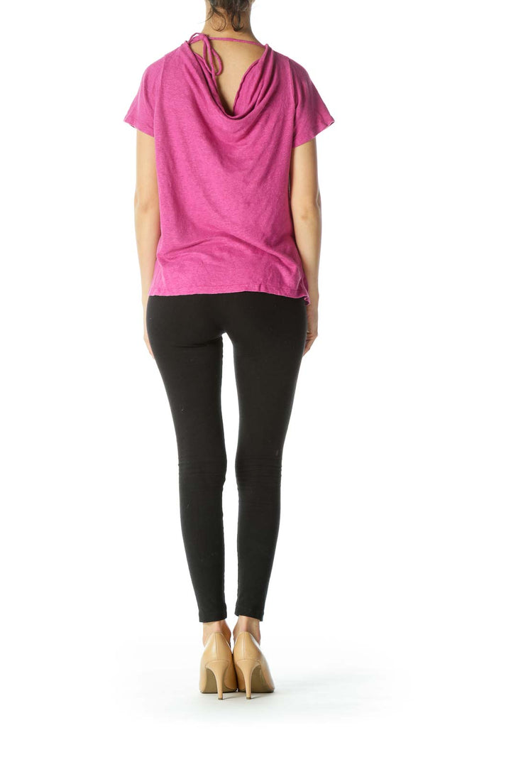 Magenta Pink 100% Linen Short-Sleeve Knot Detail Knit Top