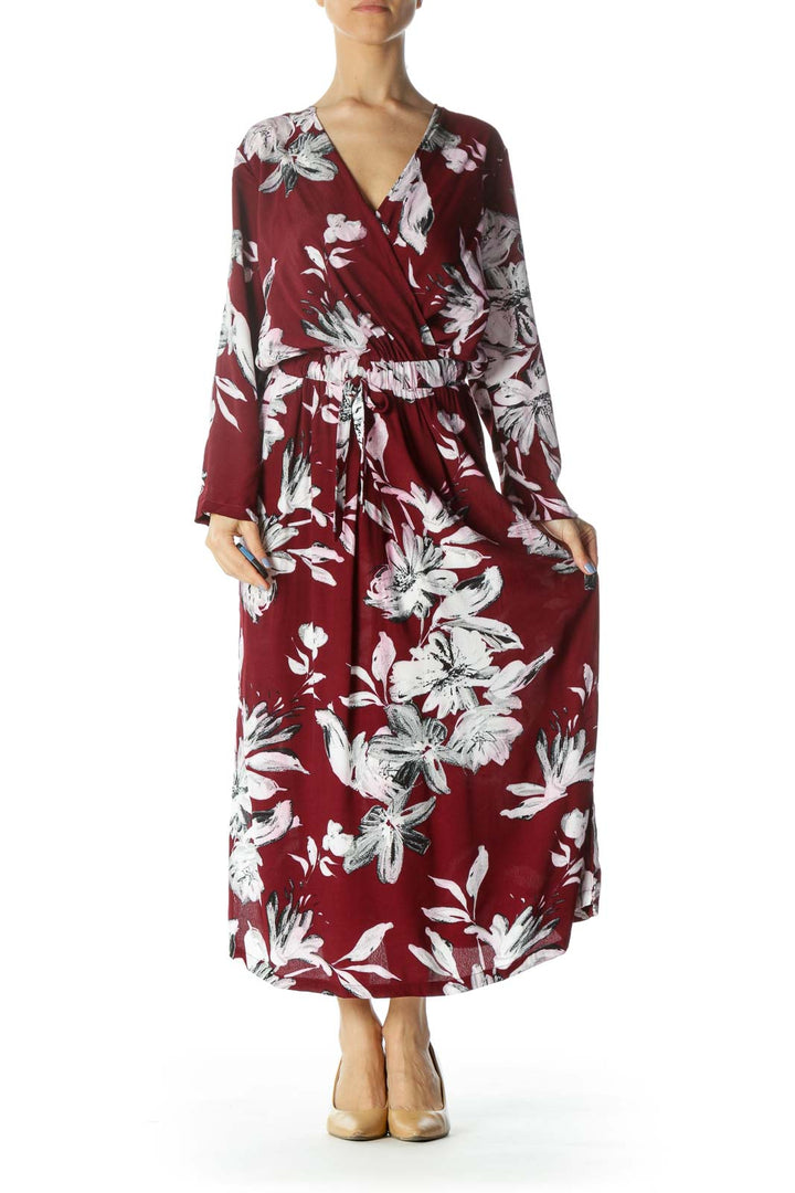 Burgundy/White/Black Flower-Print Pocketed Dress with Back String-Tie