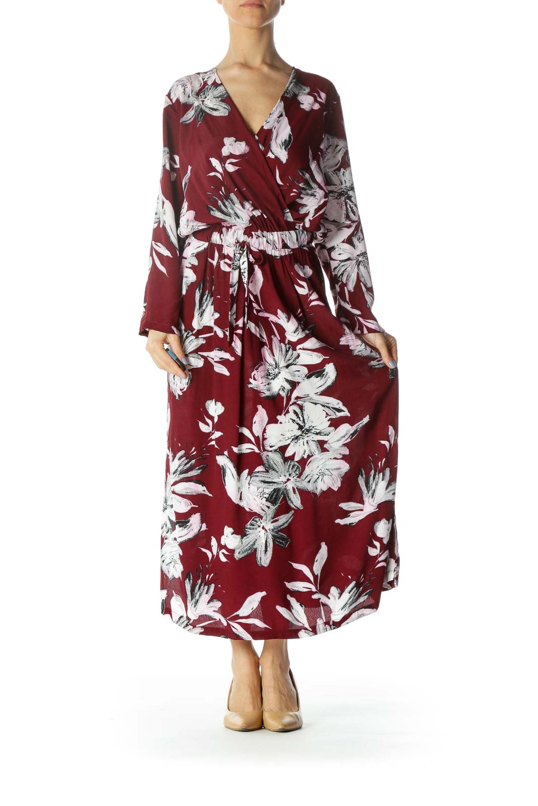 Burgundy/White/Black Flower-Print Pocketed Dress with Back String-Tie