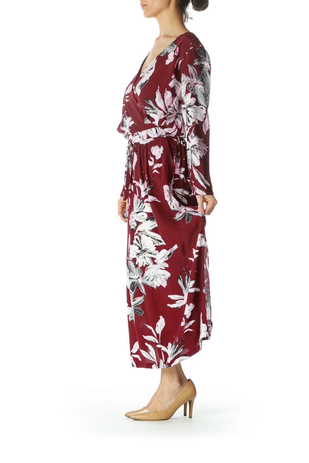 Burgundy/White/Black Flower-Print Pocketed Dress with Back String-Tie