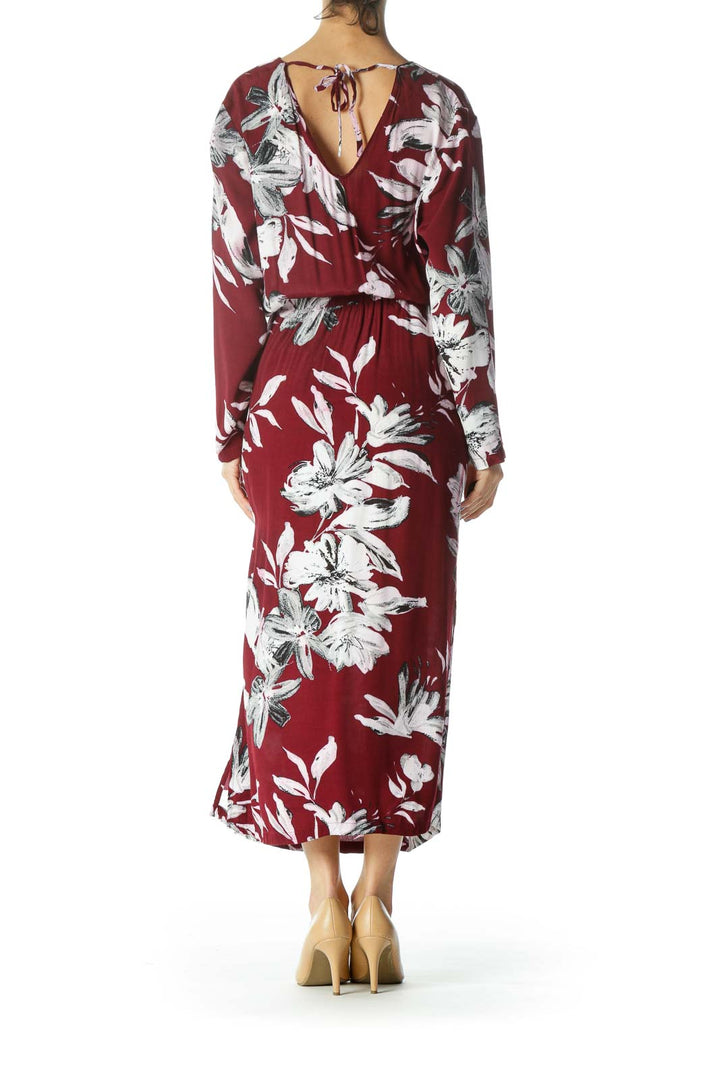 Burgundy/White/Black Flower-Print Pocketed Dress with Back String-Tie