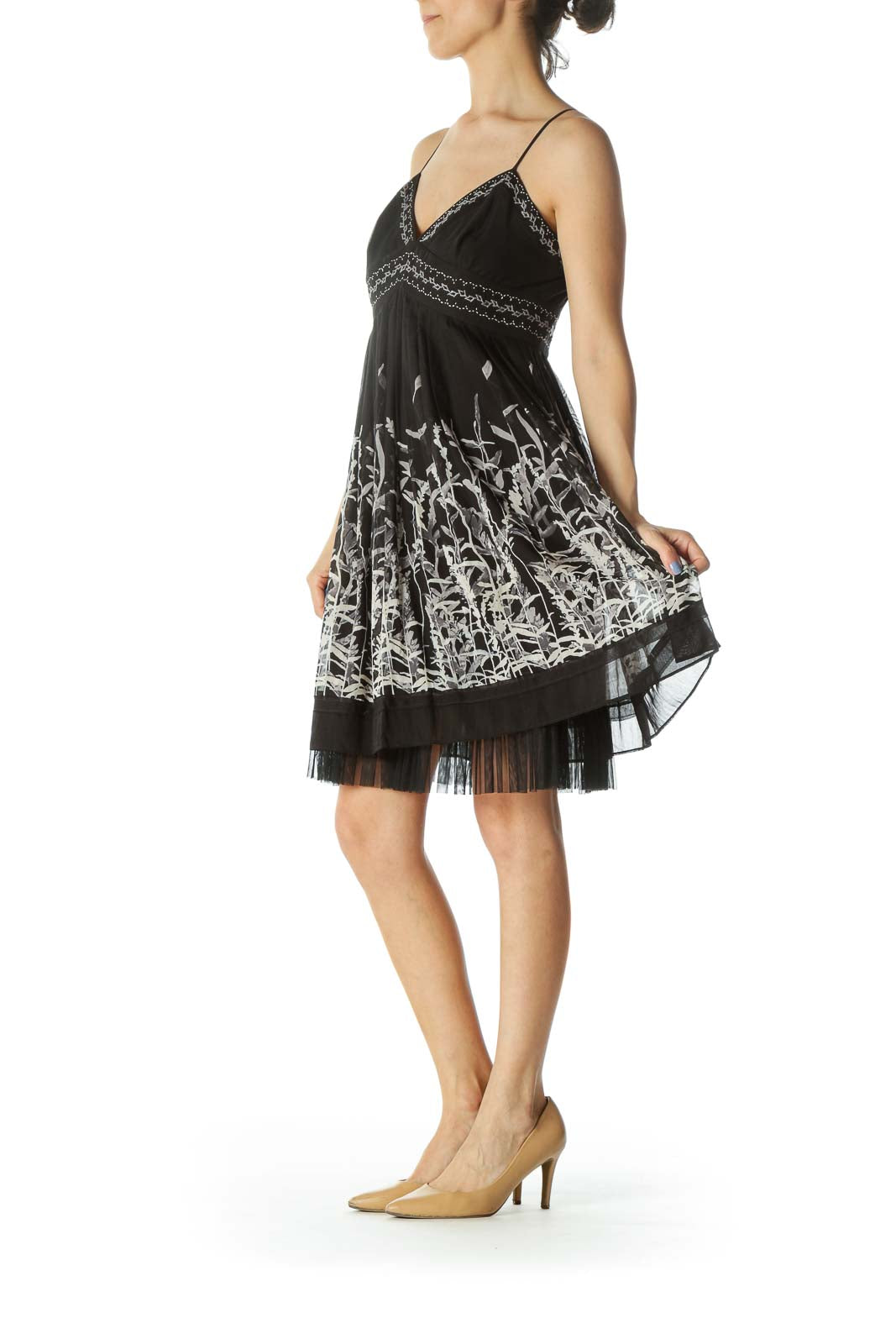 Black/Gray/White Plant-Print Pleated Upper-Stitching Cocktail Dress