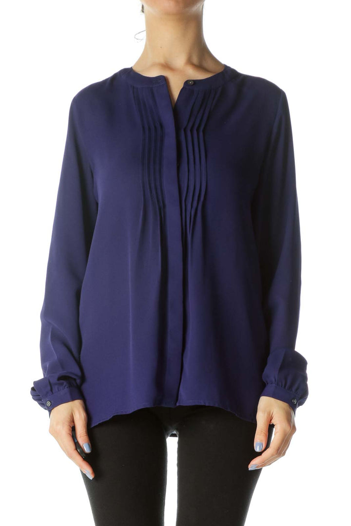 Blue Pleated Accent Long-Sleeve Round-Neck Blouse