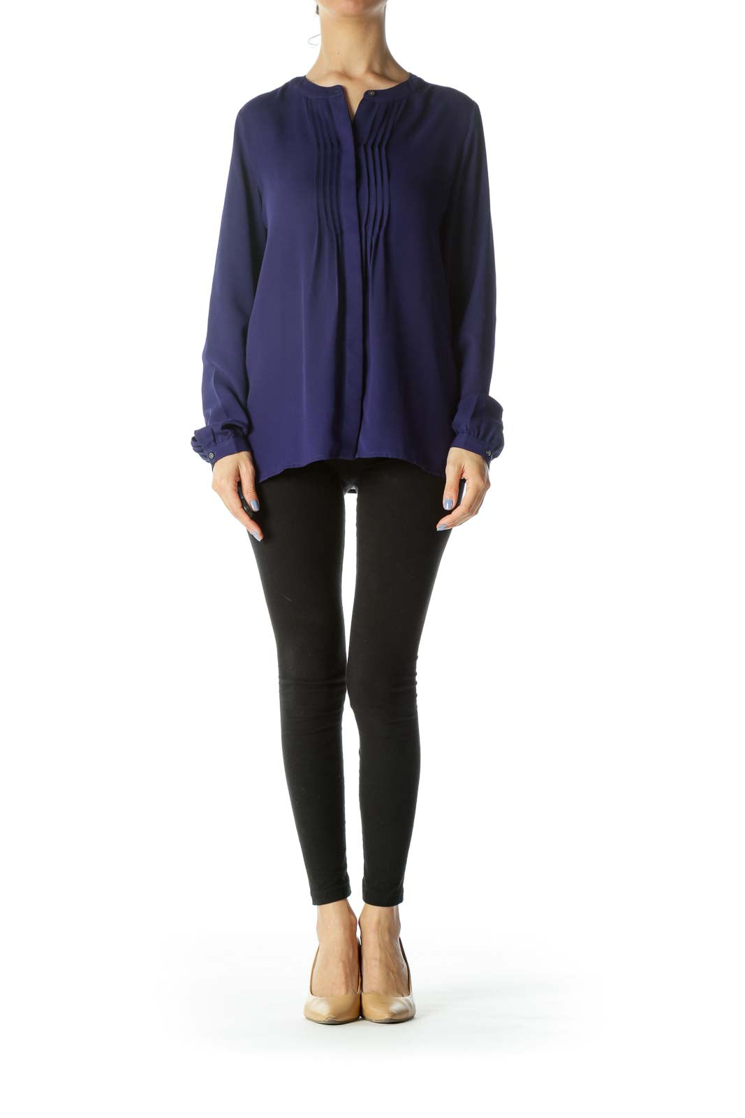 Blue Pleated Accent Long-Sleeve Round-Neck Blouse