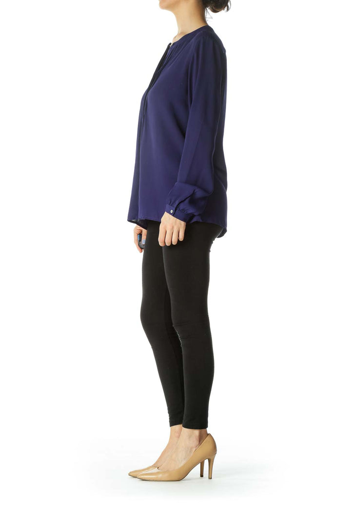 Blue Pleated Accent Long-Sleeve Round-Neck Blouse