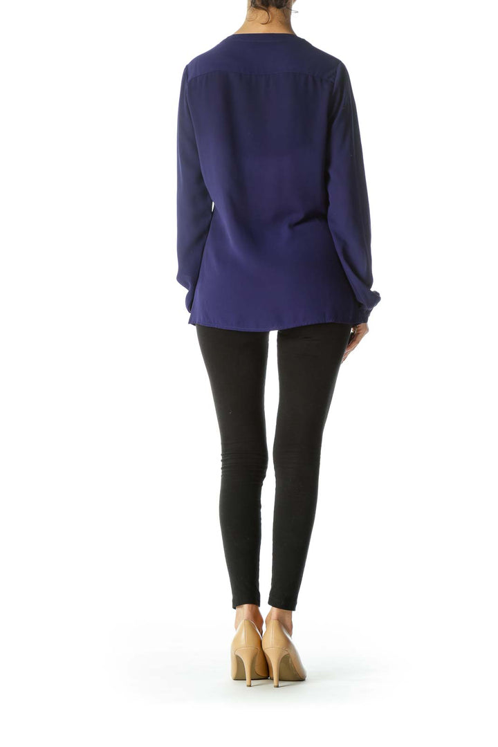 Blue Pleated Accent Long-Sleeve Round-Neck Blouse