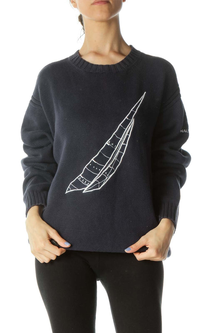 Navy-Blue 100% Cotton Nautical Theme Long-Sleeve Heavy Knit Sweater