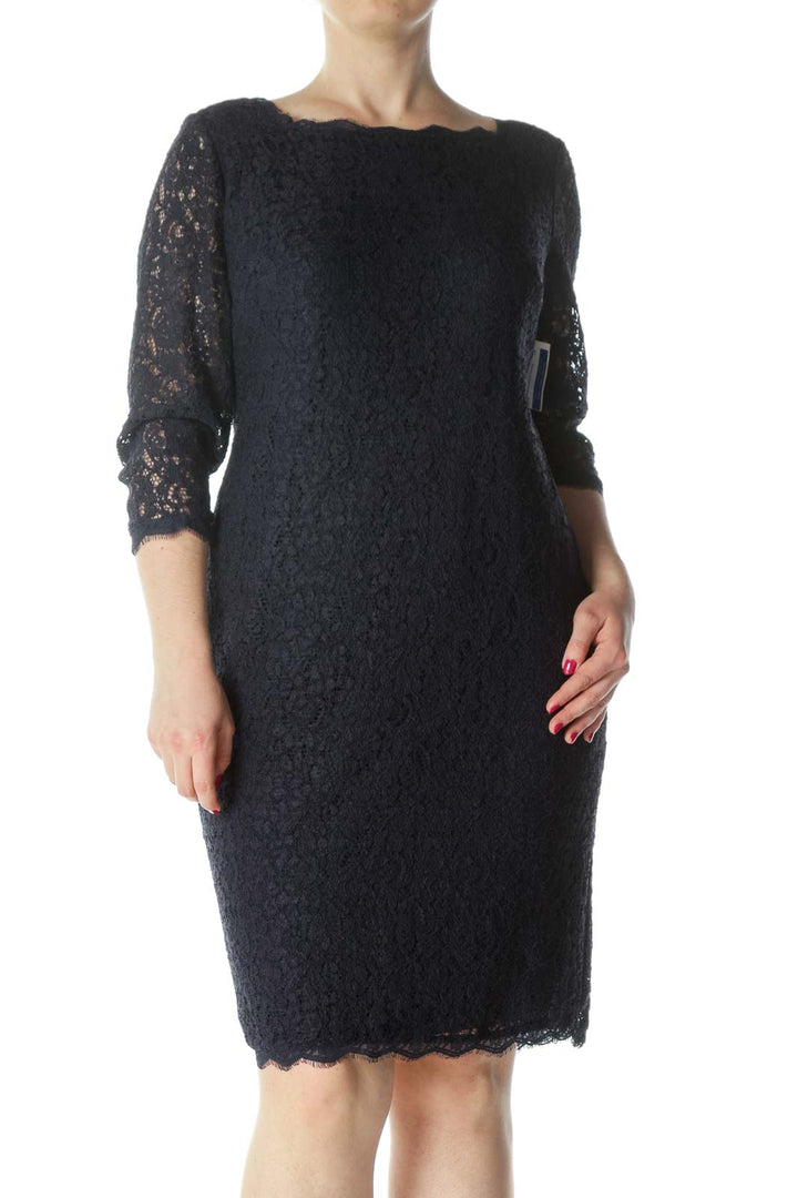 Navy-Blue Lace-Body 3/4-Sleeve Back-Zipper Dress