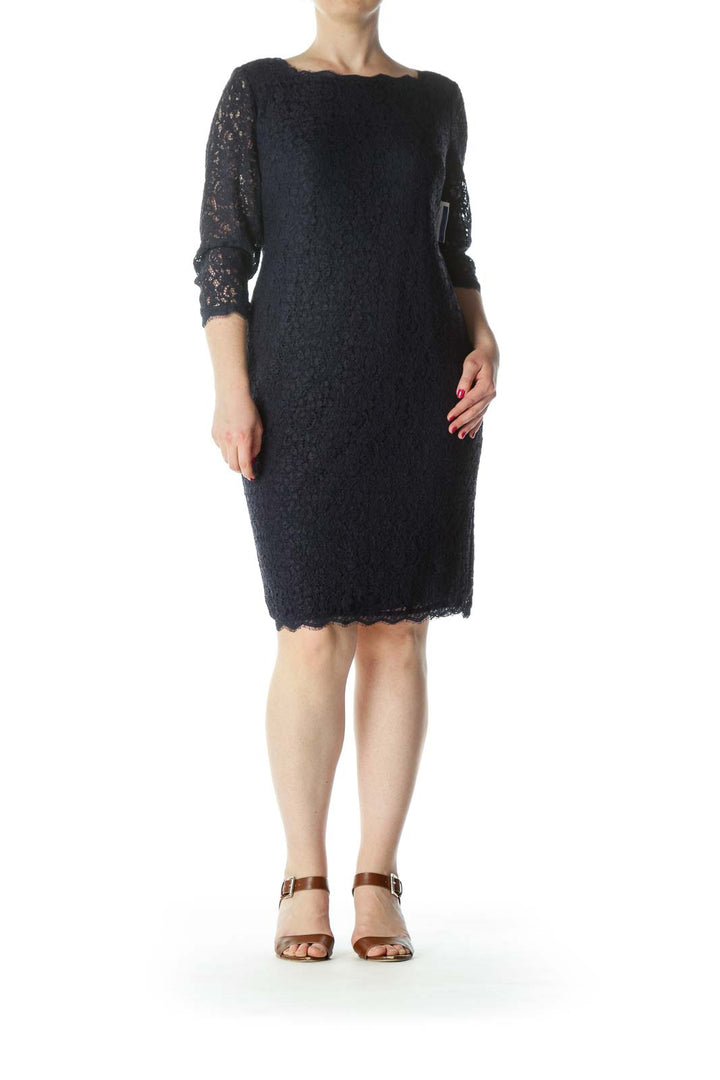 Navy-Blue Lace-Body 3/4-Sleeve Back-Zipper Dress