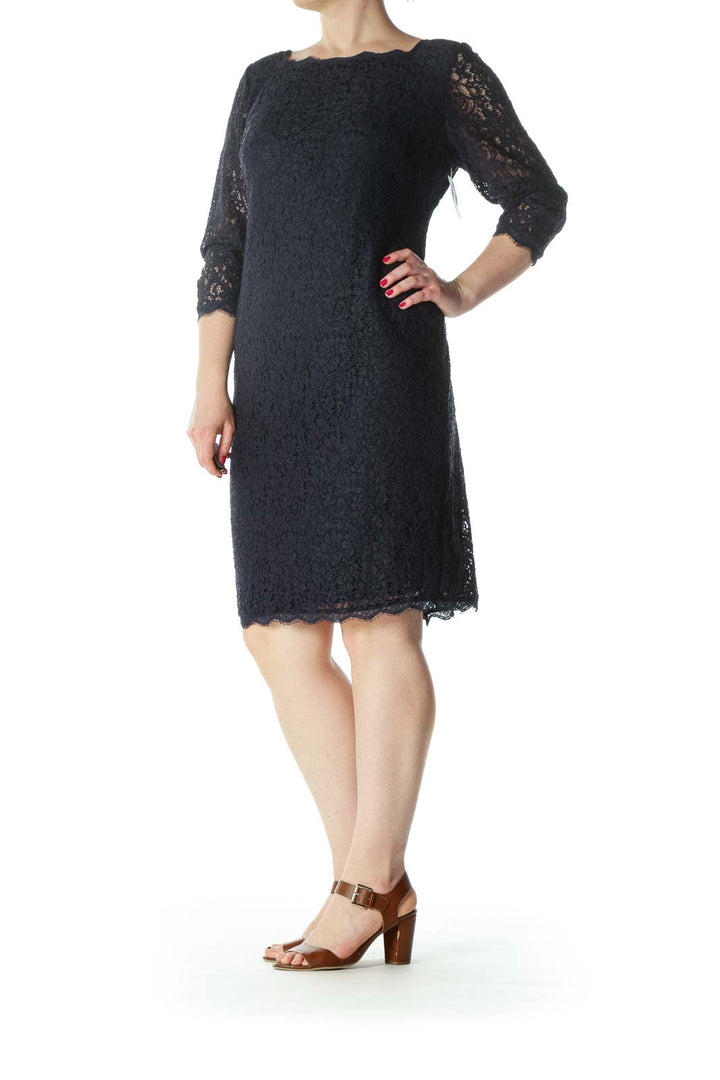 Navy-Blue Lace-Body 3/4-Sleeve Back-Zipper Dress