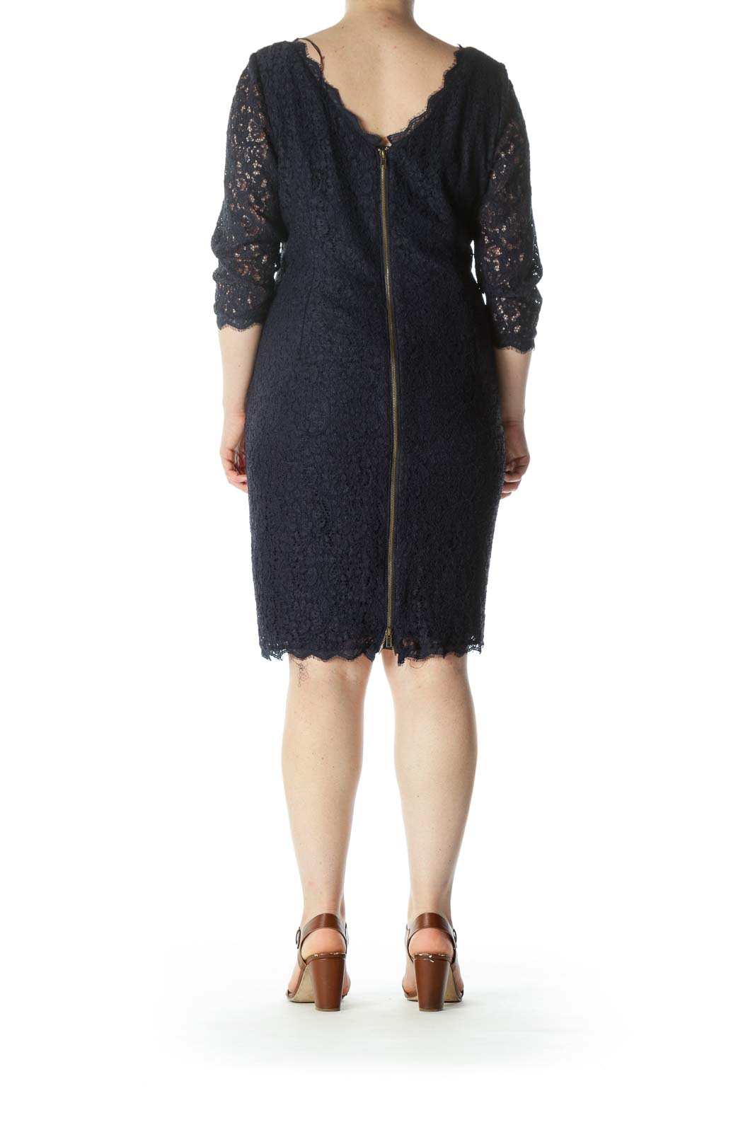 Navy-Blue Lace-Body 3/4-Sleeve Back-Zipper Dress