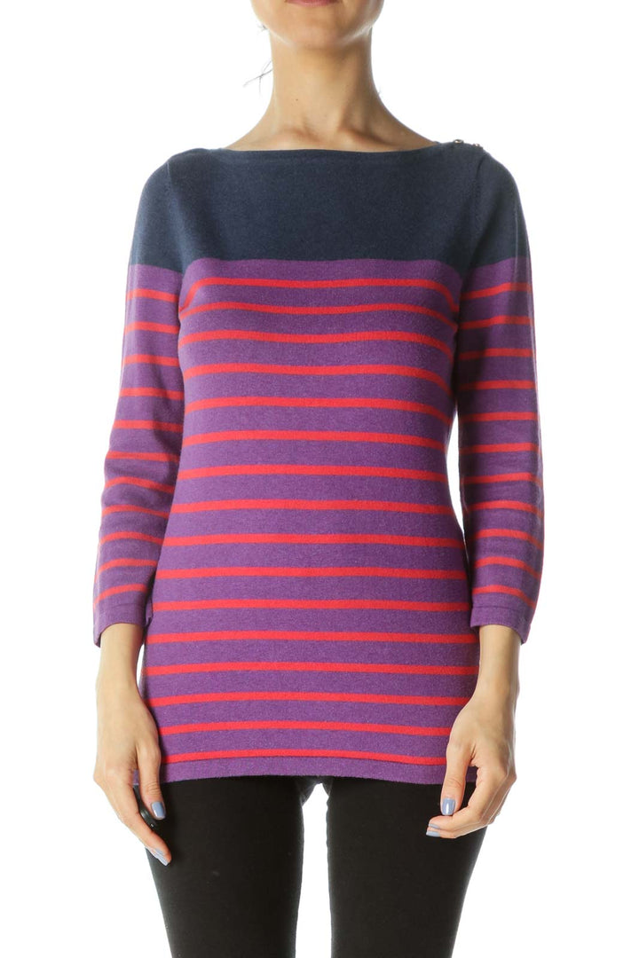 Blue/Purple/Red Boat-Neck Two-Button Striped Sweater