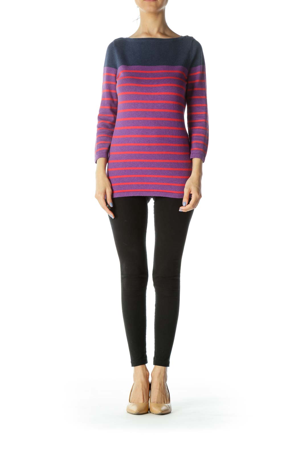 Blue/Purple/Red Boat-Neck Two-Button Striped Sweater