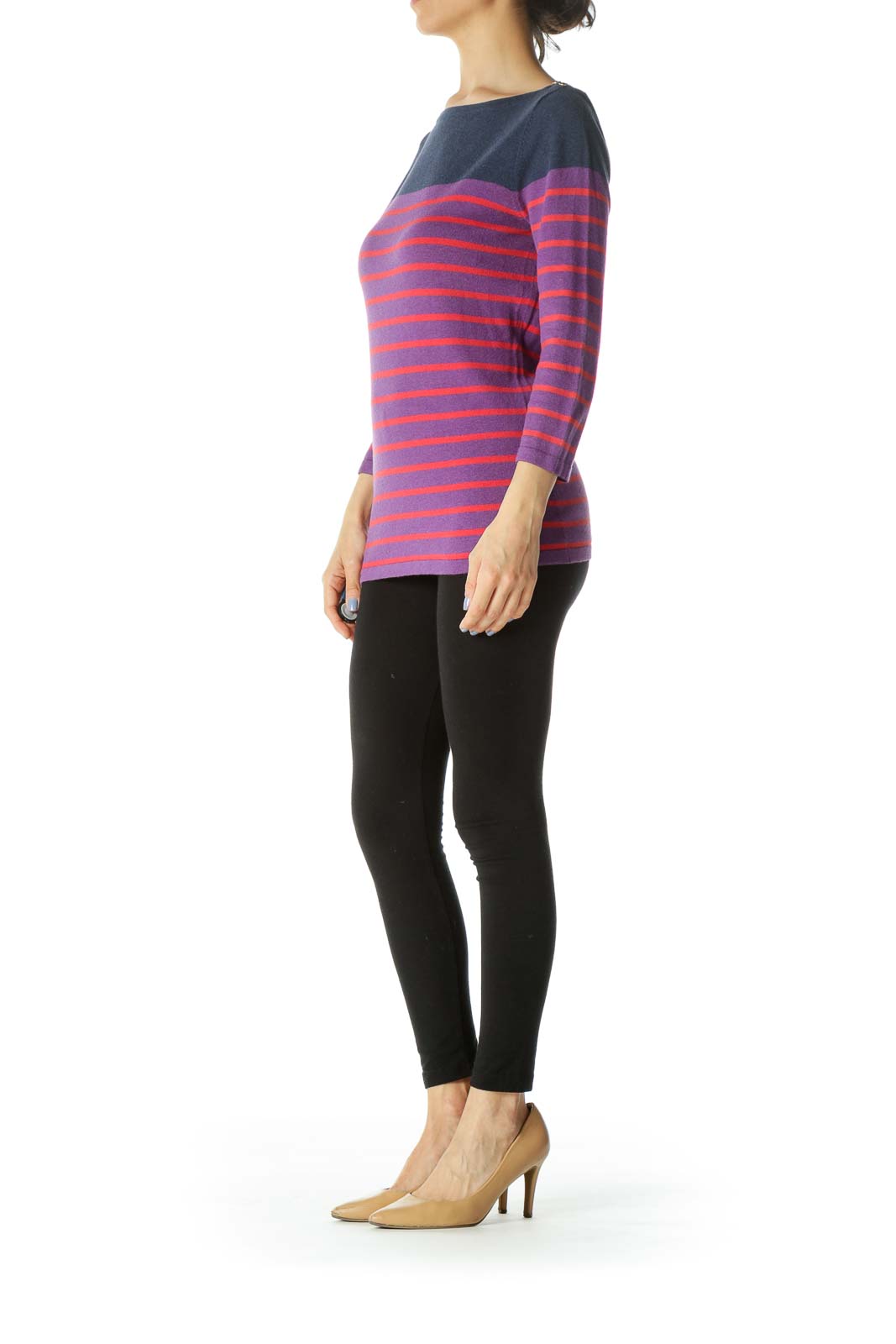 Blue/Purple/Red Boat-Neck Two-Button Striped Sweater