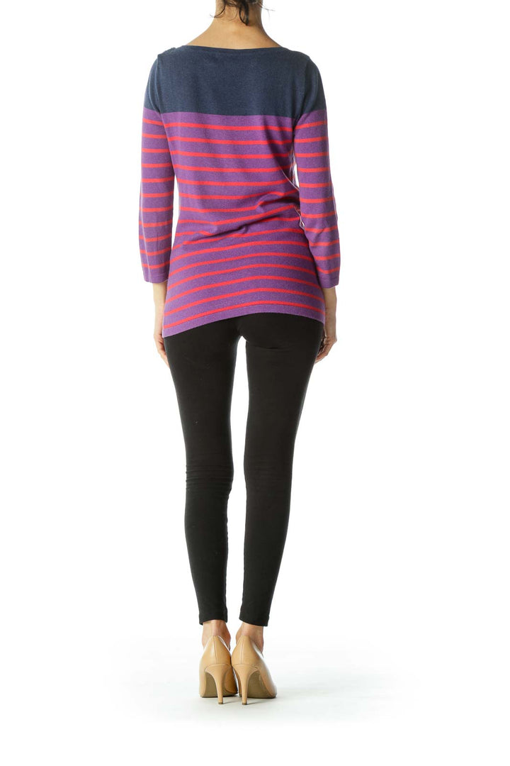 Blue/Purple/Red Boat-Neck Two-Button Striped Sweater