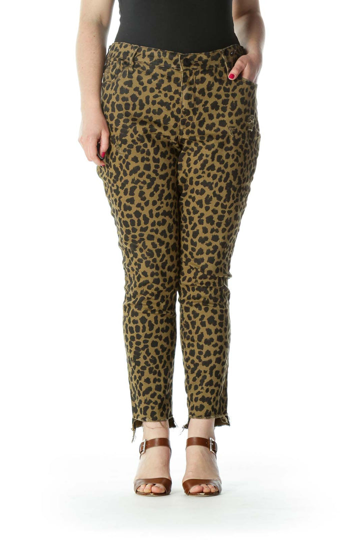 Olive-Green/Black Animal-Print Step Raw-Hem Stretch Denim Jeans