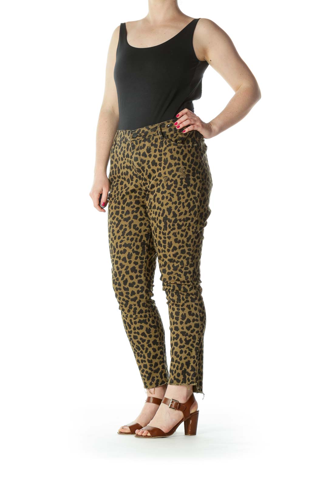 Olive-Green/Black Animal-Print Step Raw-Hem Stretch Denim Jeans