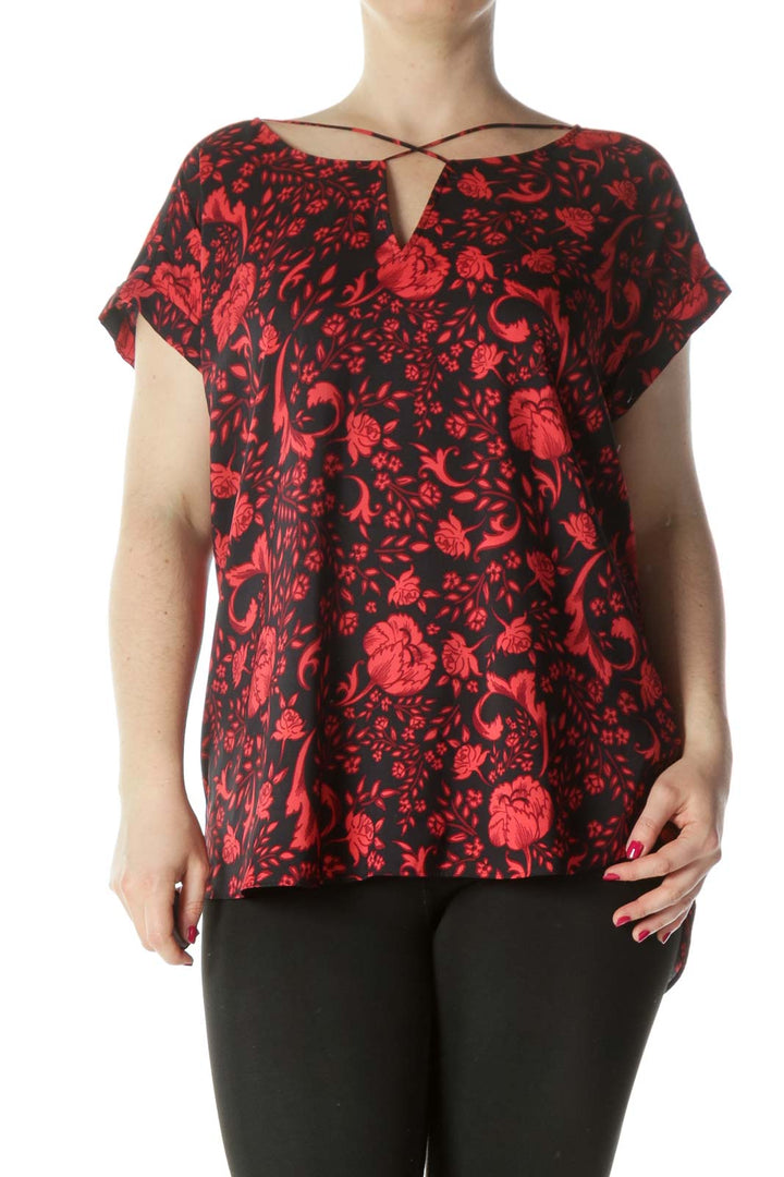 Black Red Floral Cross Neck Blouse