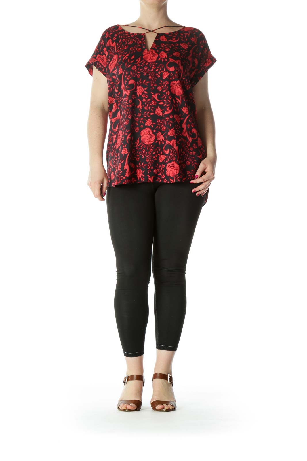 Black Red Floral Cross Neck Blouse