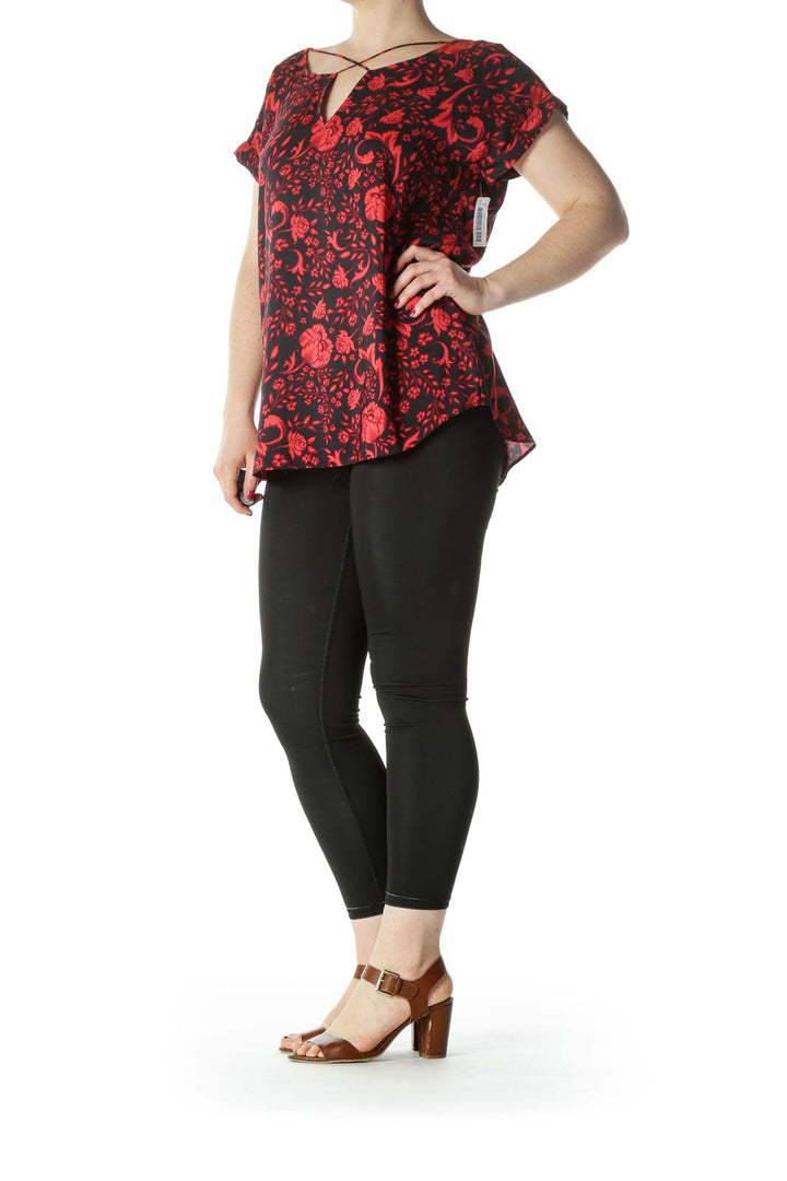 Black Red Floral Cross Neck Blouse