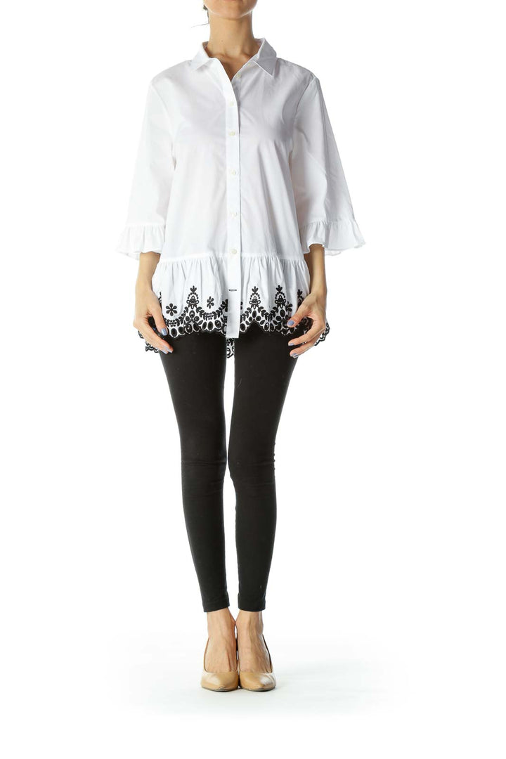 Black/White Buttoned 3/4-Sleeves Embroidered Flared Shirt