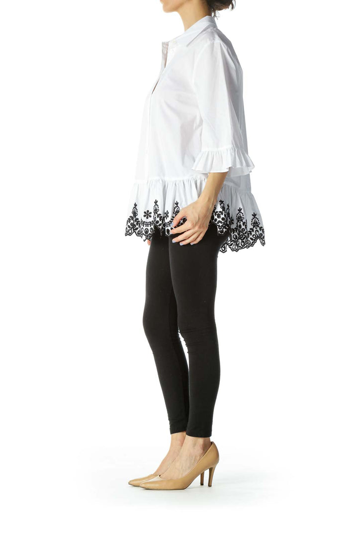 Black/White Buttoned 3/4-Sleeves Embroidered Flared Shirt