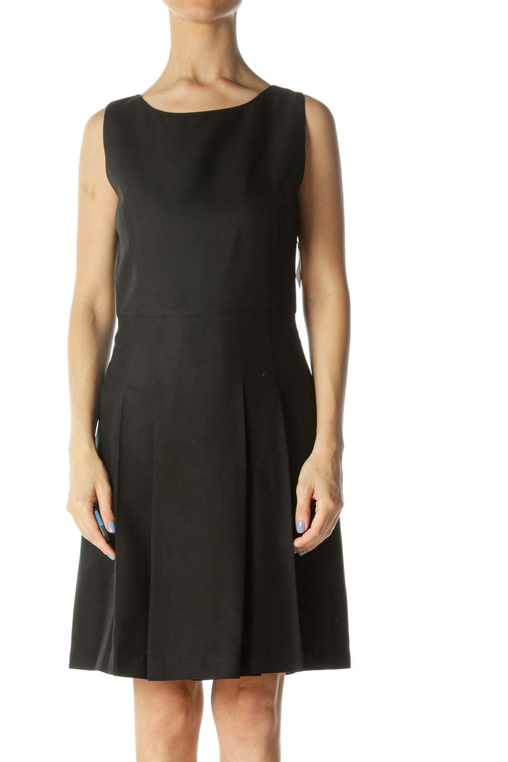 Black Round-Neck Pleated-Skirt A-Line Dress