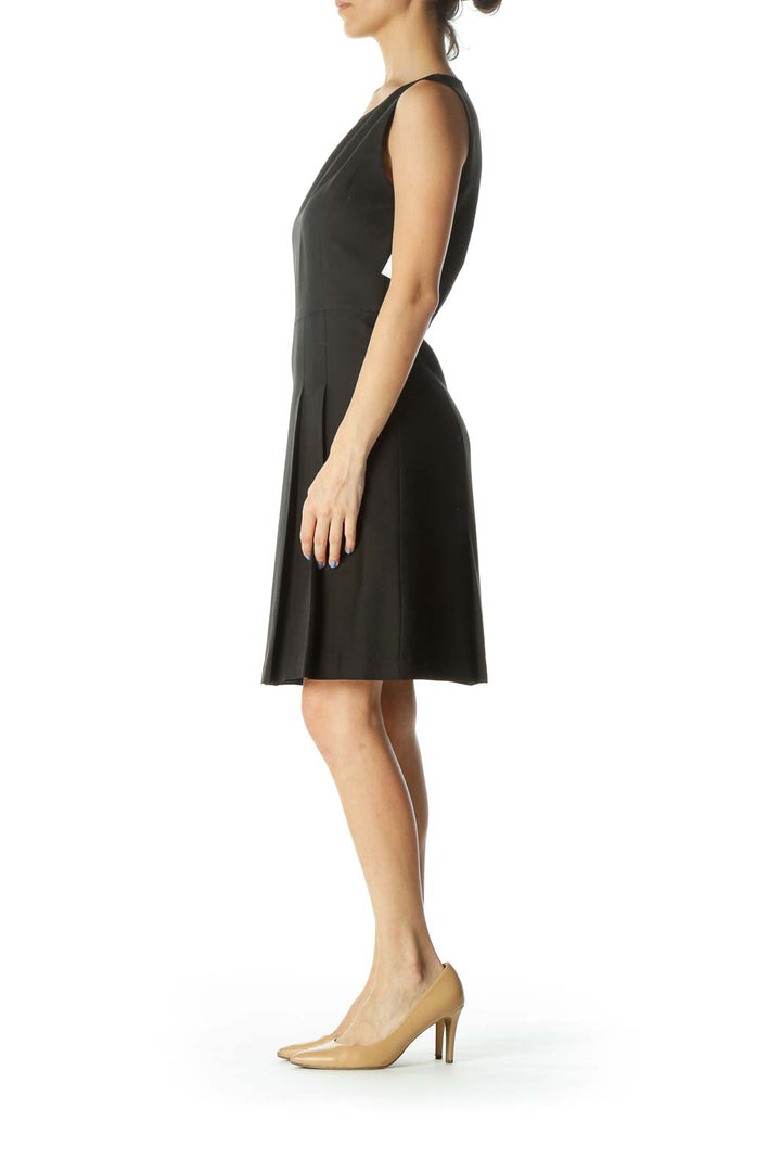 Black Round-Neck Pleated-Skirt A-Line Dress