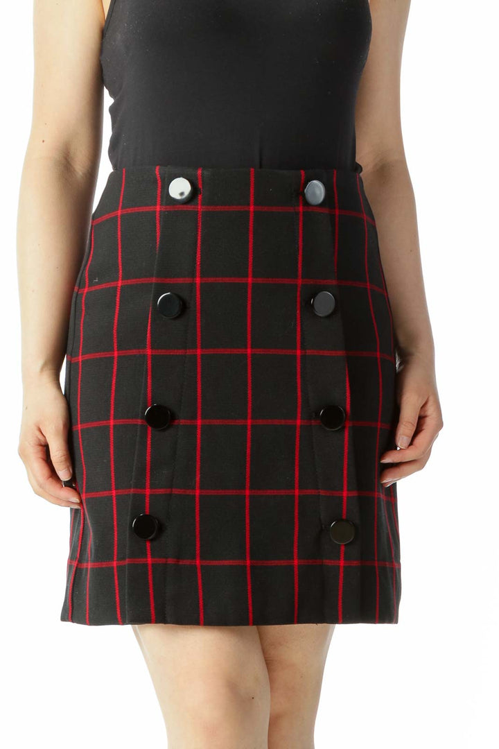 Black Red Plaid Buttoned Knit A-Line Skirt