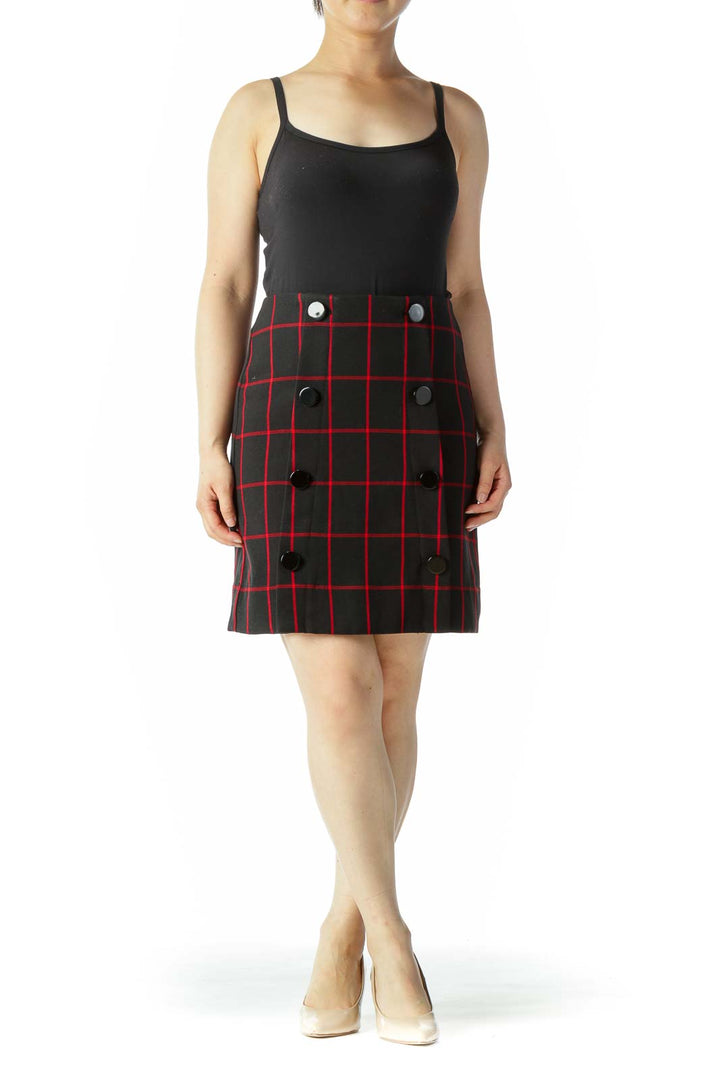 Black Red Plaid Buttoned Knit A-Line Skirt