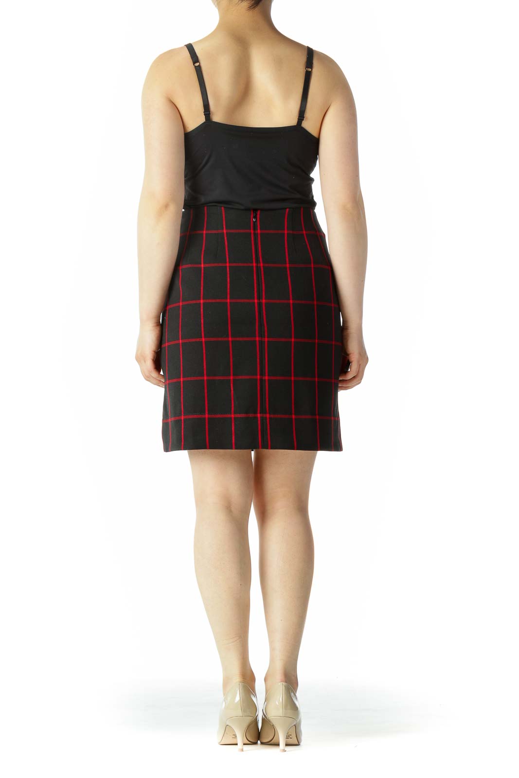 Black Red Plaid Buttoned Knit A-Line Skirt