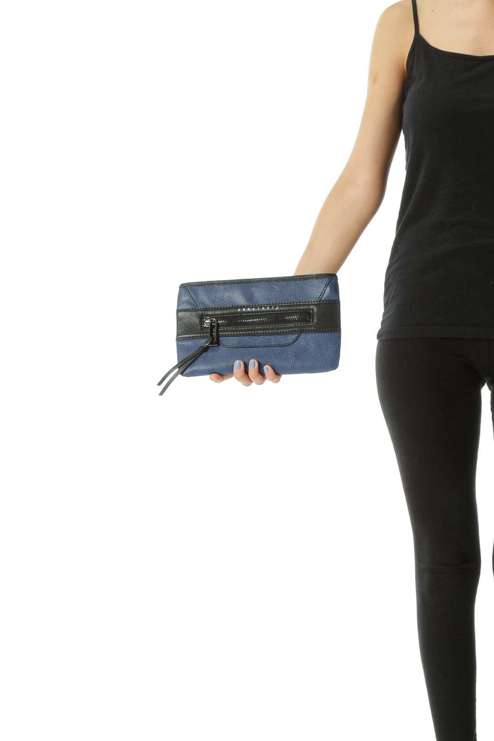 Black/Blue Cow Leather Zipper Tassels Clutch