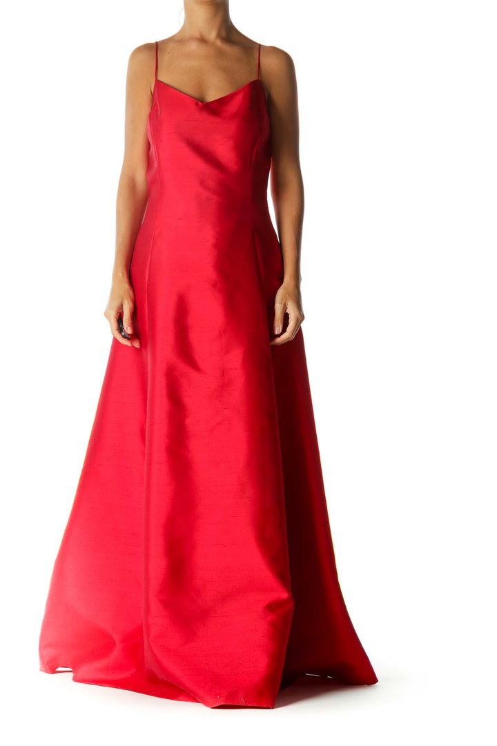 Red Silk Blend Sweetheart Neckline Spaghetti Strap Back V-Neck Evening Dress