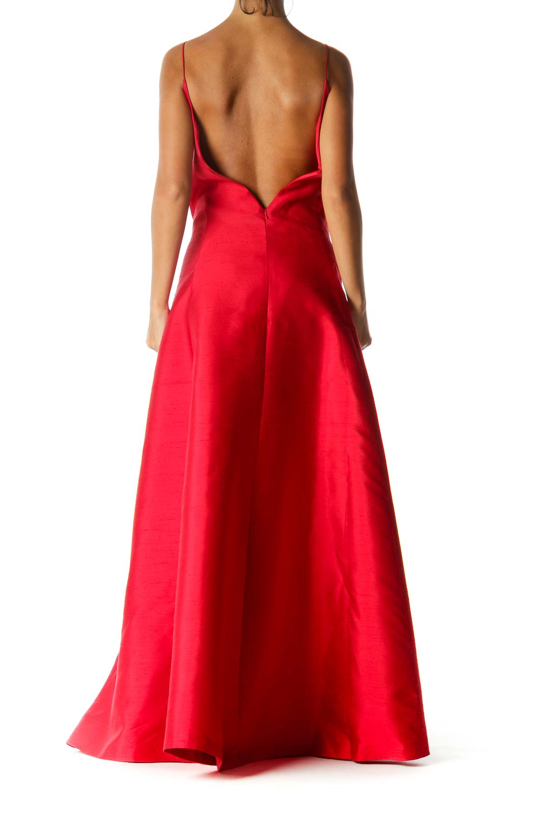 Red Silk Blend Sweetheart Neckline Spaghetti Strap Back V-Neck Evening Dress