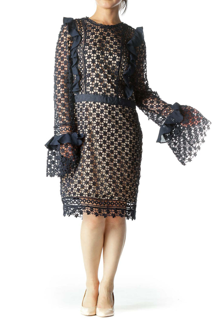 Navy Lace Floral Design Ruffled-Sleeve Beige-Lined Cocktail Dress