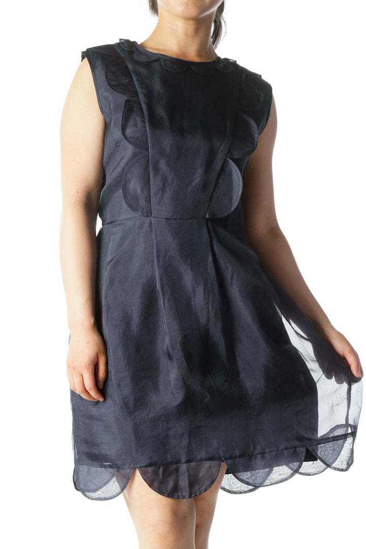 Navy 100% Silk Lettuce-Hem Ruffled Sleeveless Day-Dress