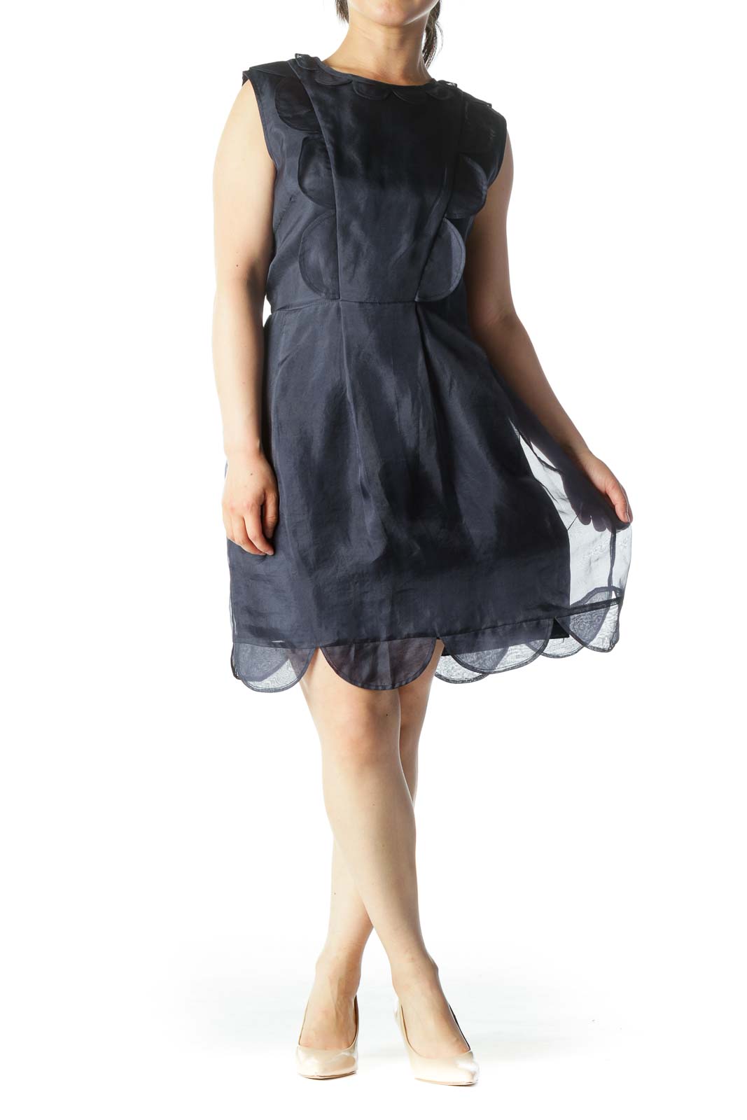 Navy 100% Silk Lettuce-Hem Ruffled Sleeveless Day-Dress