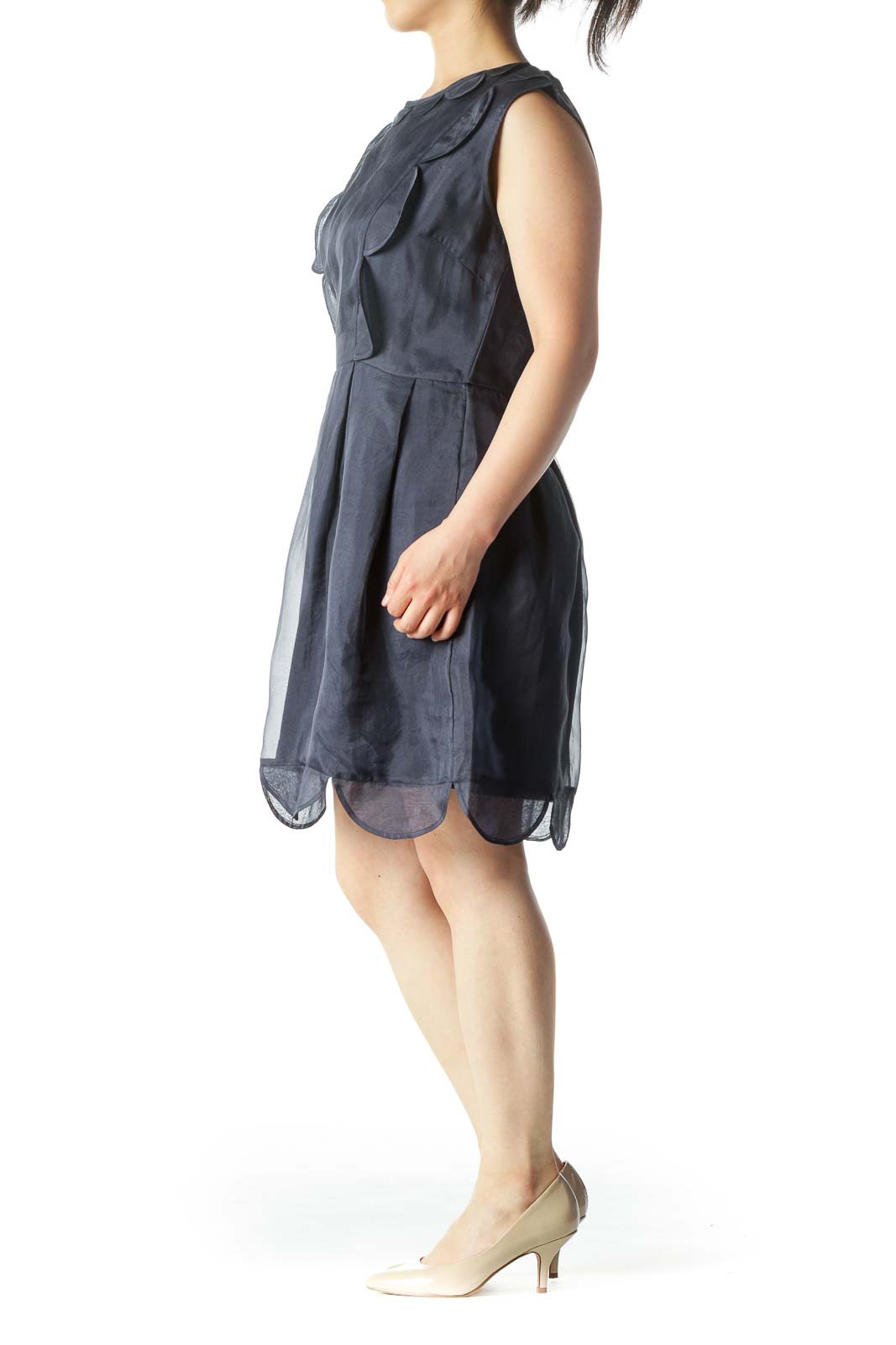 Navy 100% Silk Lettuce-Hem Ruffled Sleeveless Day-Dress