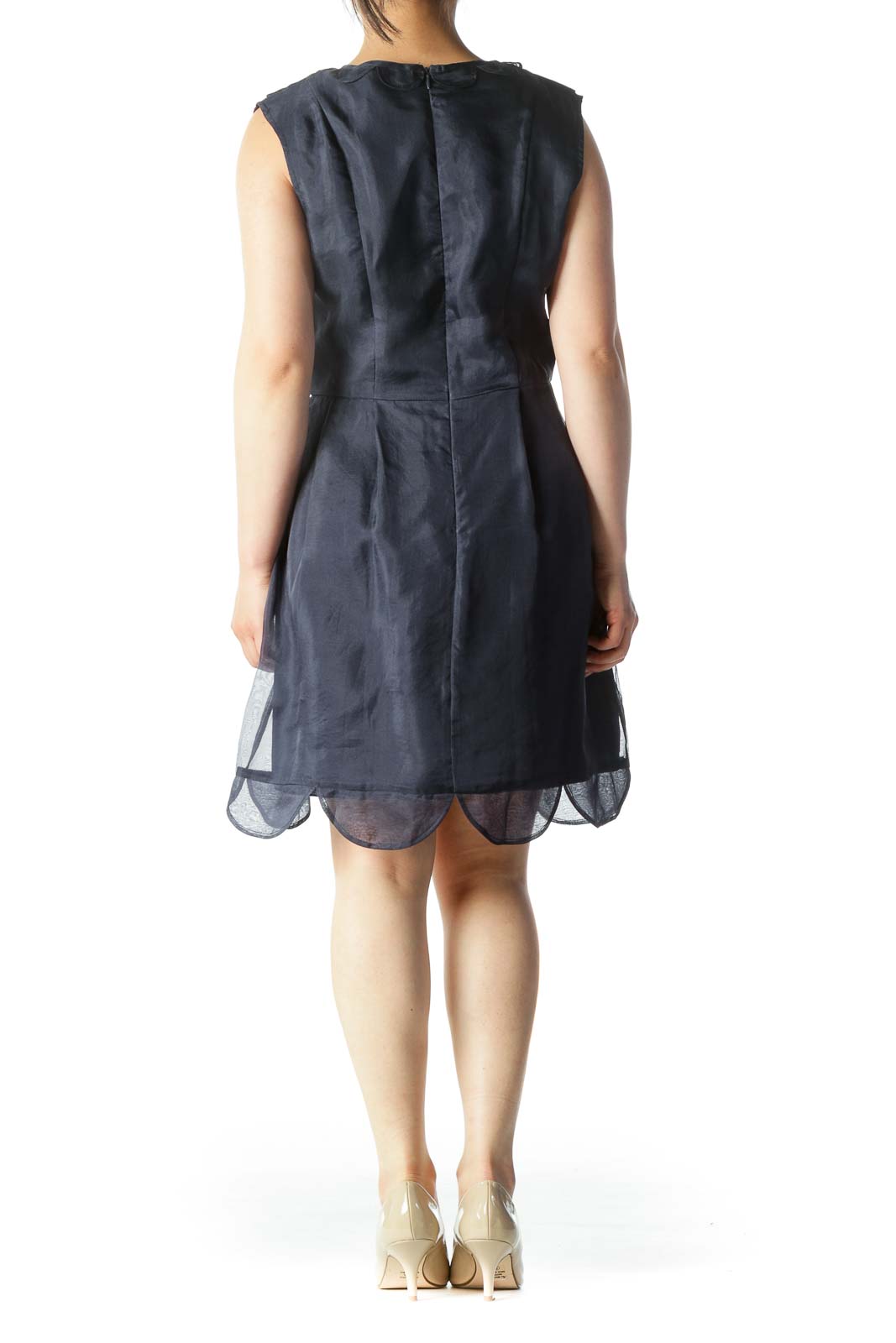 Navy 100% Silk Lettuce-Hem Ruffled Sleeveless Day-Dress