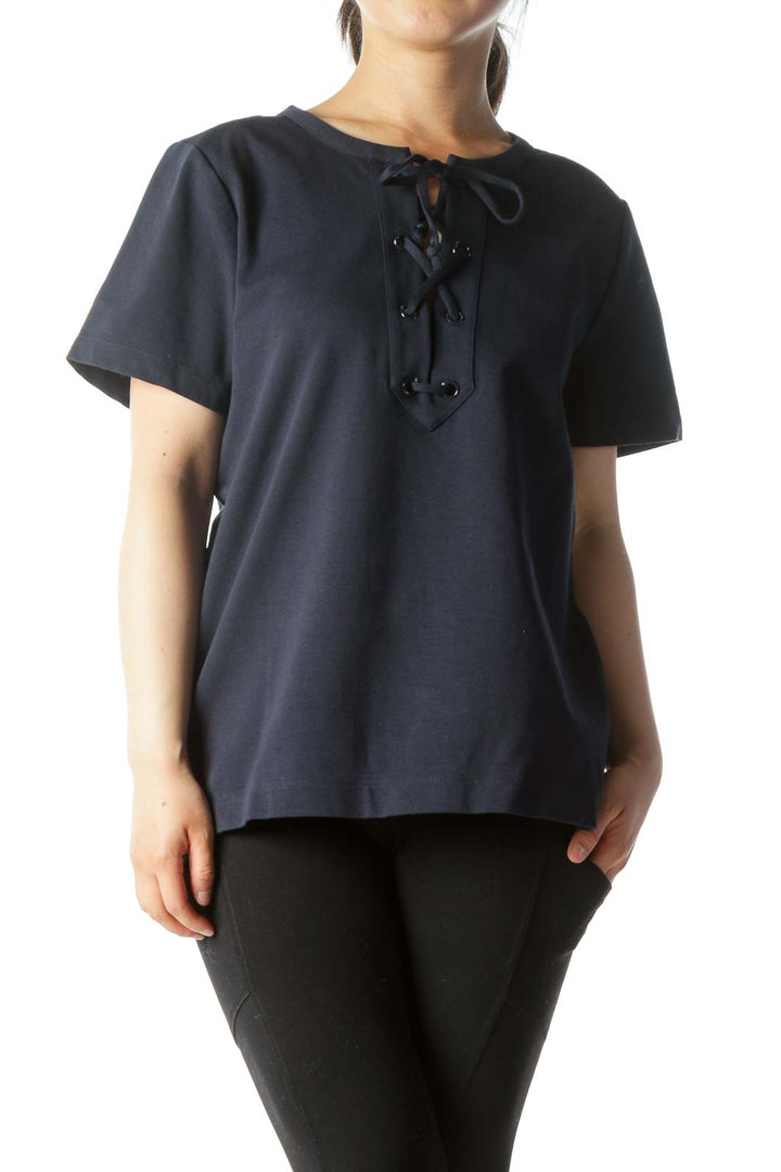 Navy Blue Round Neck Drawstring Short Sleeve Top