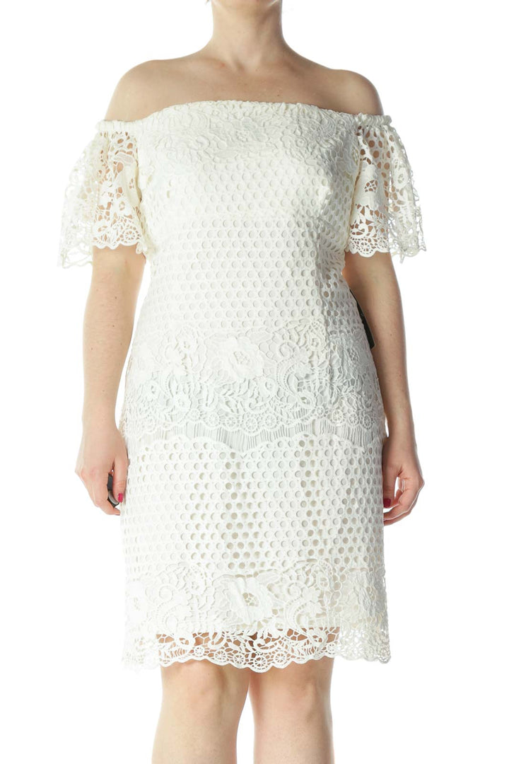 Cream Cold-Shoulder Flower-Knit Eyelet Flared-Sleeves Dress