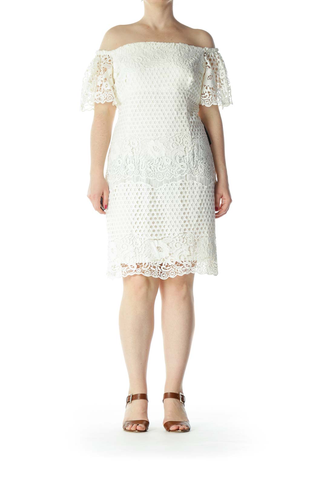 Cream Cold-Shoulder Flower-Knit Eyelet Flared-Sleeves Dress