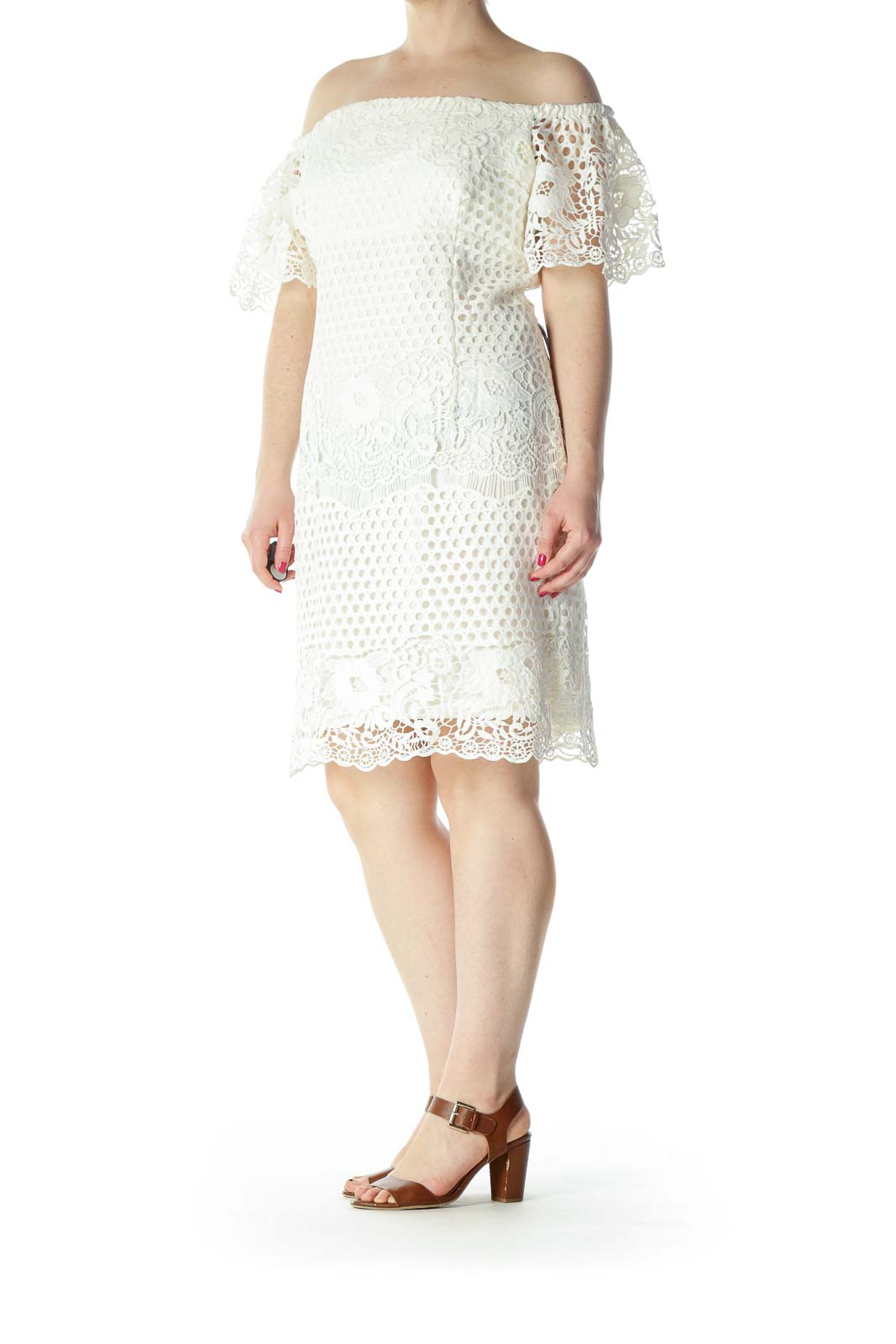 Cream Cold-Shoulder Flower-Knit Eyelet Flared-Sleeves Dress